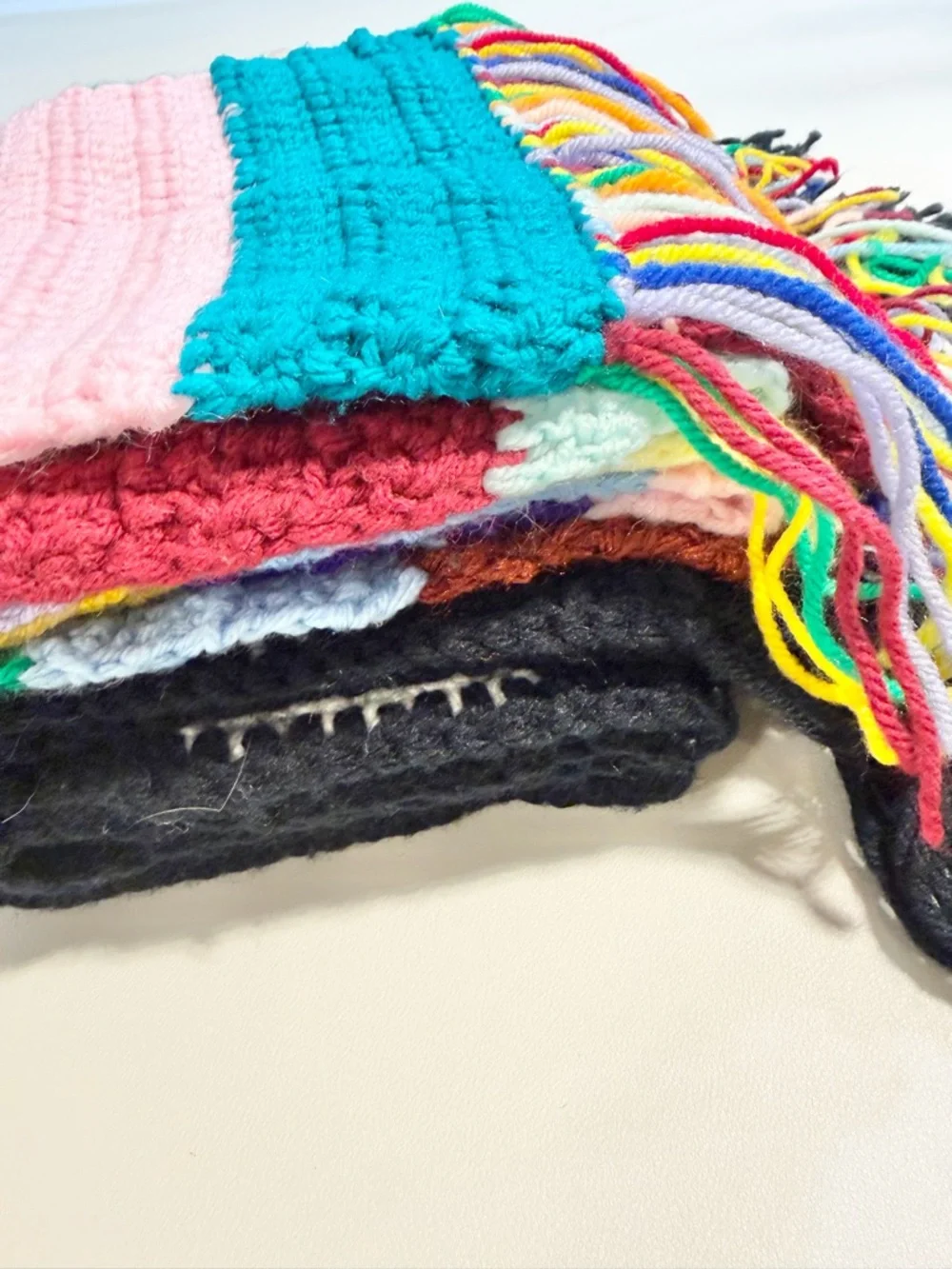 Crochet‎ scarf set long fringe rainbow multicolor black white stripe bold funky